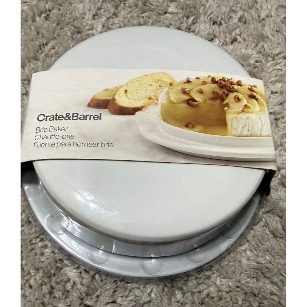 Crate & Barrel Brie Cheese Baking Dish Server Keeper White Stoneware NEW